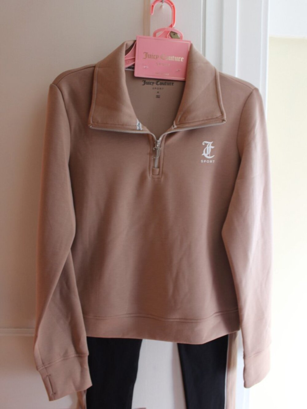 Juicy Couture Sport 2 Piece Quarter Zip Leggings Set Taupe Black M NWT